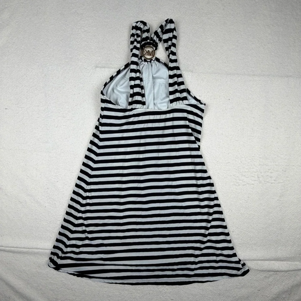Michael Kors Black White Striped Halter Swim Dress Gold MK Logo Small CA17634